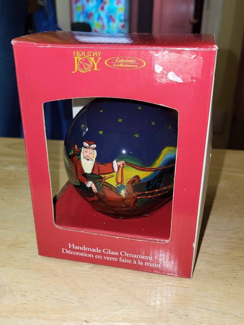 Vintage Zellers Holiday Joy Reverse Painted Glass Ornament Santa Sleigh